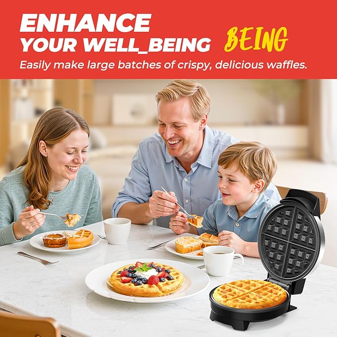 Waffle Maker, Round Classic Belgian Waffle Iron, Adjustable Browning Control, Easy-Clean Nonstick Plates & Cool Touch Handle, Space Saving Storage, Stainless Steel