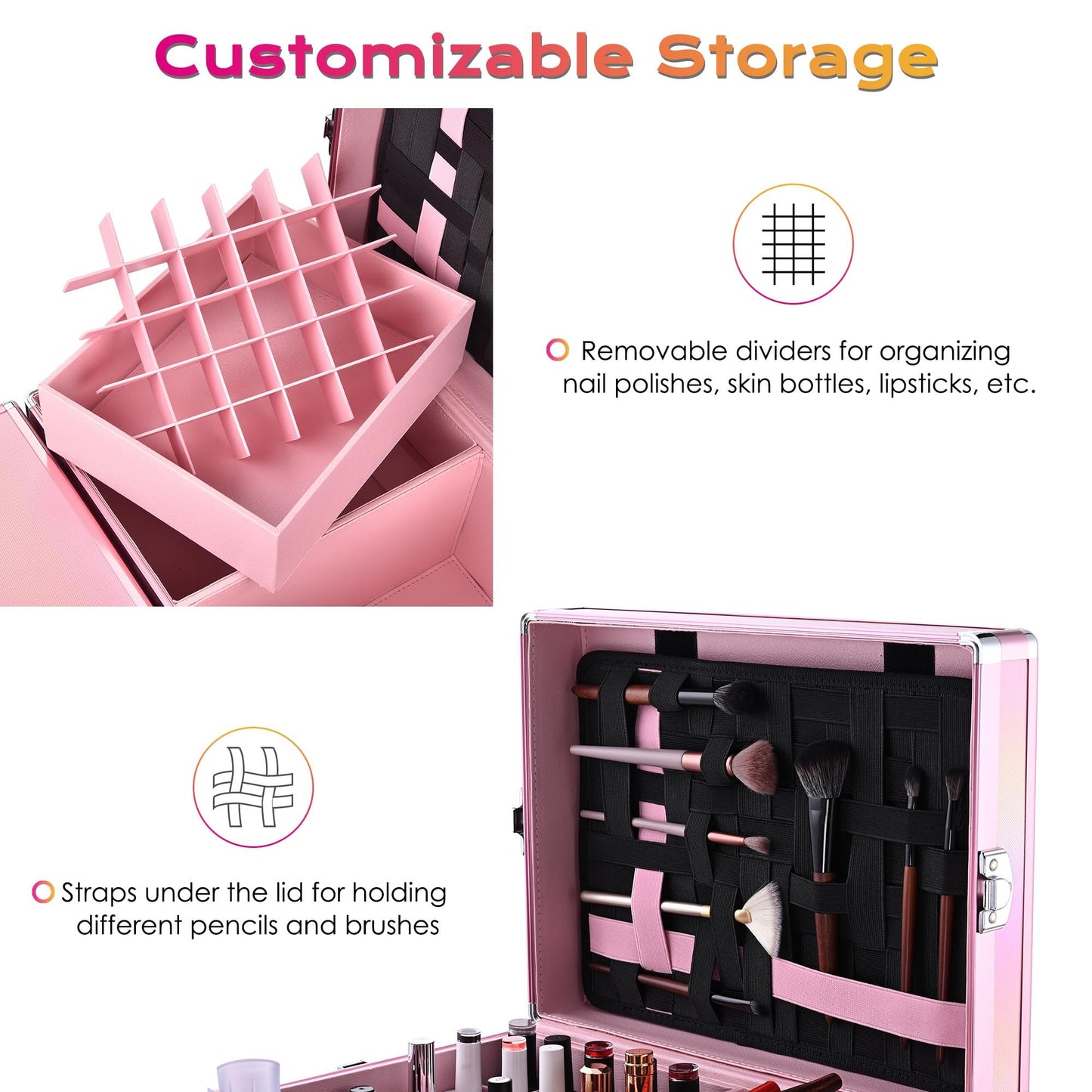 BYOOTIQUE Rolling Manicure Table Portable Nail Desk Station Travel Makeup Train Case Cosmetic Trolley Storage Organizer with Sto