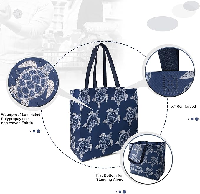BeeGreen Sea Turtle Reusable Shopping Bags For Groceries 6 Pack- Large Foldable Tote Bags- Strong Handles for Heavy Groceries, Perfect for Supermarket, Farmers Market, and Storage Organization