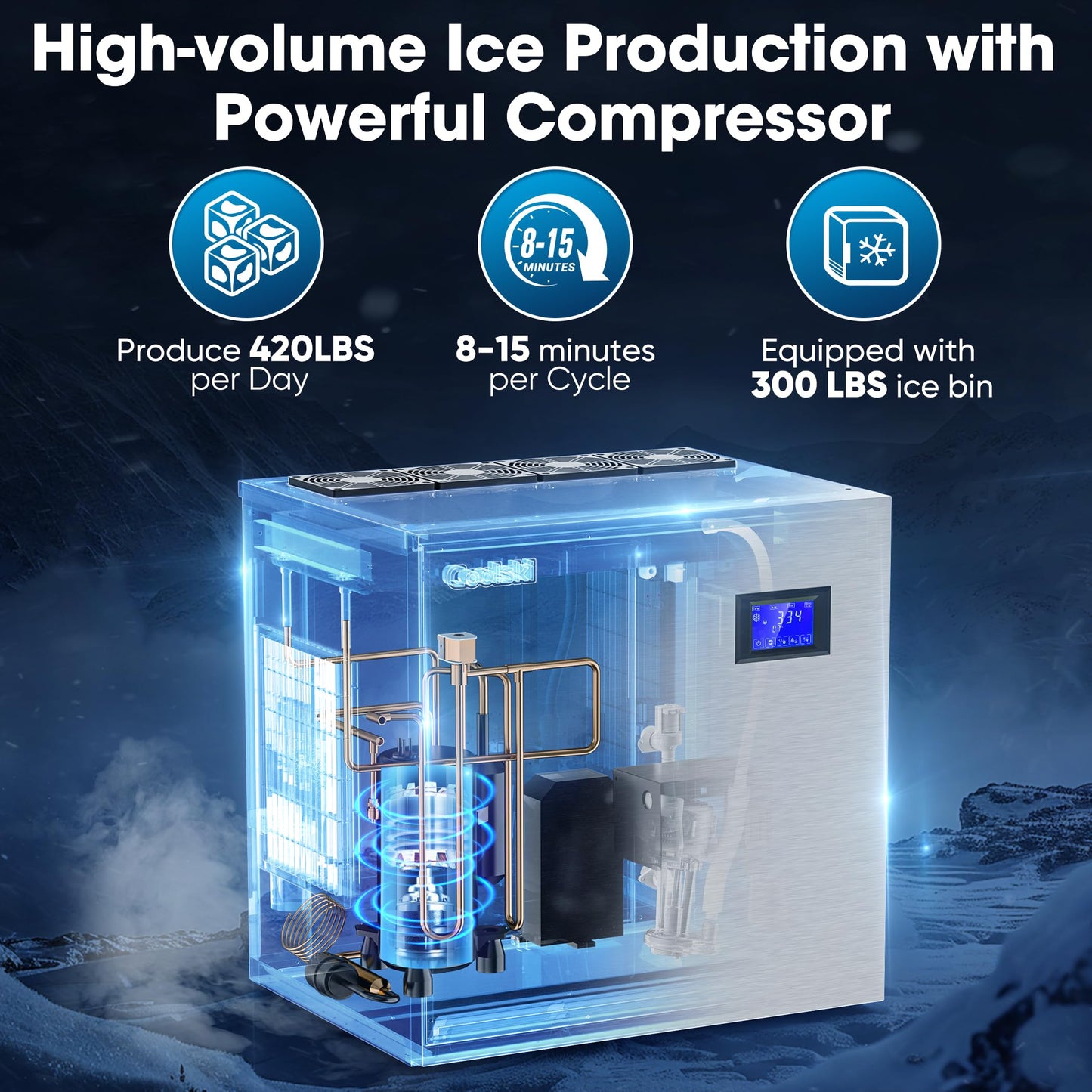 Coolski Commercial Ice Machine 420LBS/24H, 22”W Industrial Ice Maker with Large Storage Bin, Fast Ice Making, Upgraded Water Filters, DOE & ETL Certified, Ideal for Restaurants/Bars/Hotels