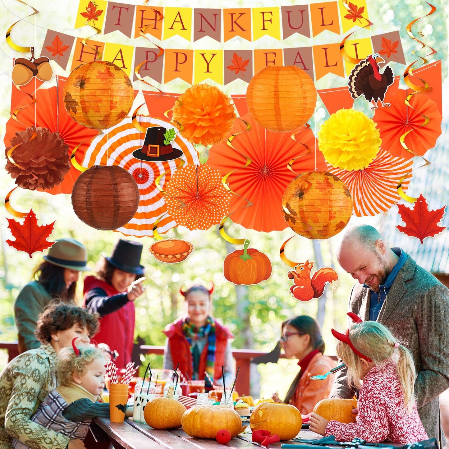 Motiskyy 28 Pcs Thanksgiving Party Decoration Include Thankful Happy Fall Banner Autumn Paper Lanterns Pom Pom Hanging Fans Bunting Garland Swirl Streamers For Thanksgiving Harvest