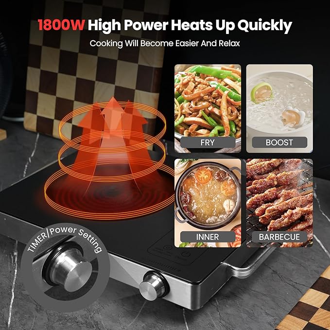 Portable Ceramic Cooktop Infrared Hot Plate,Stainless Steel Countertop Burner With Double Rings Heating Dual Control 10 Power 3H Timer Electric Stove For Cooking 1800W(Gray)