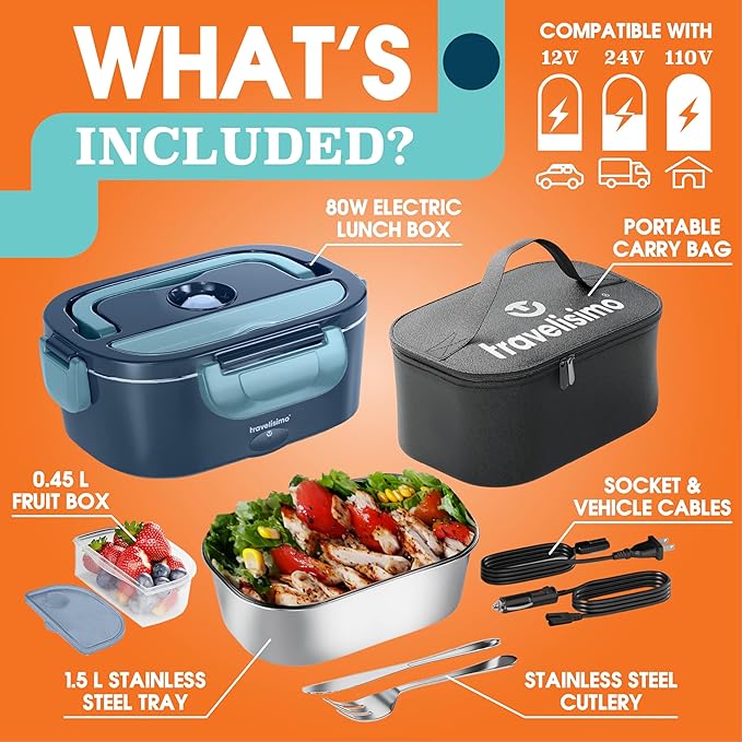 TRAVELISIMO Electric Lunch Box for Adults 80W Heated Lunch Box For Men 1.5L Stainless Steel Portable Food Warmer, 12/24/110V Electric Food Warmers for Travel & Work, Loncheras Para Hombres de Trabajo