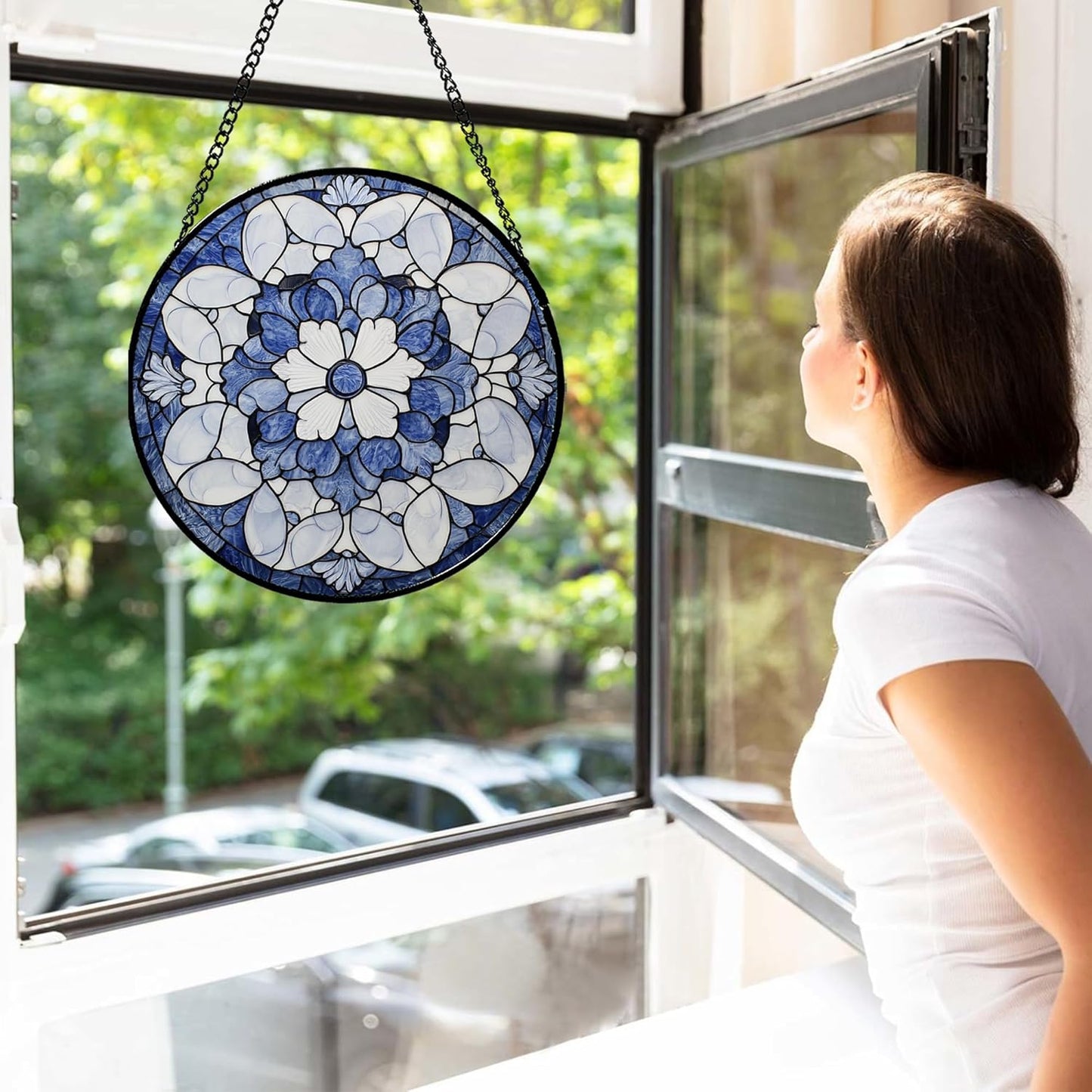 Stained Glass Window Hanging - Blue White Floral Pattern Suncatcher for Doors Garden Retro Sun Catchers Decor Christmas Mother's Day Birthday Gifts for Women Men Mom Nana Friend Girl 6.3 in