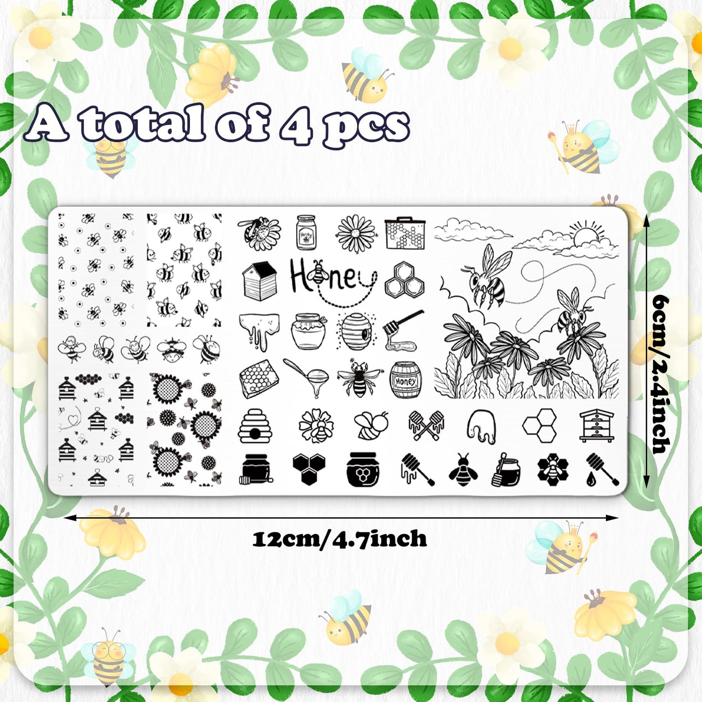 JarThenaAMCS 4Pcs Bee Nail Plates Stamping Set Honeycomb Floral Stamp Templates Nail Art Plates for Spring Summer DIY Print Mani