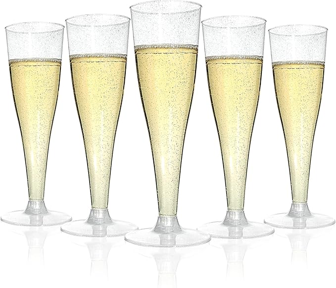 Bestluck 100 Pack Champagne Flutes Plastic, 4.5 oz Silver Glitter Plastic Disposable Stemware, Disposable Champagne Flutes...