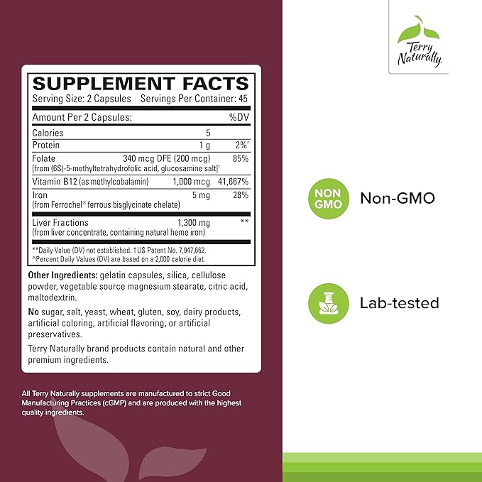 Terry Naturally Liver Fractions - Endurance & Energy Support with Gentle Iron - Dietary Supplement Supports Healthy Red Blood Cell Formation - Iron Supplement for Liver Health - 90 Capsules