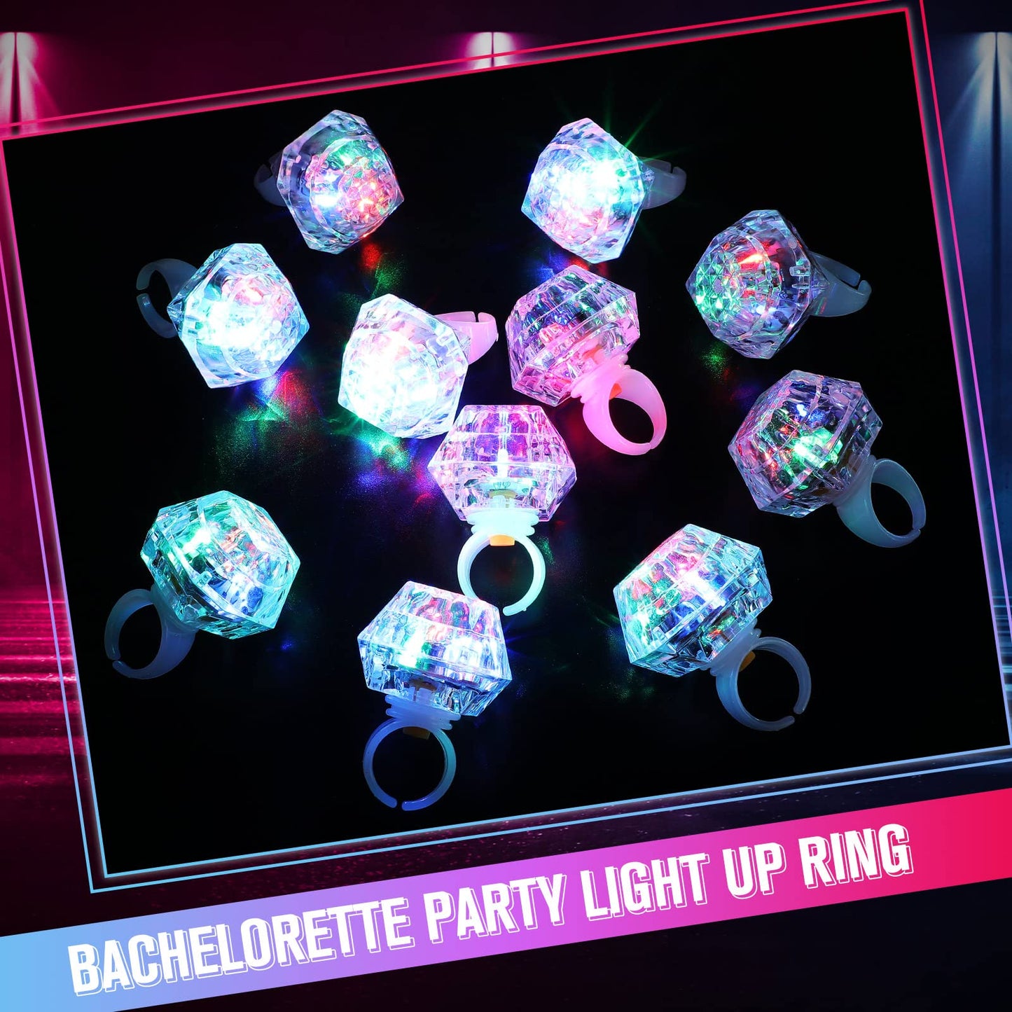 Vicenpal 50 Pack Flashing LED Light up Rings Operation Christmas Bachelorette Party Decorations Plastic Glow Toy Rings for Brida