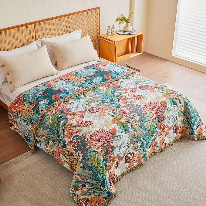 MSGKV Boho Throw Blanket for Couch 100% Cotton Floral Blanket 50"x60" Sofa Bed Chair Blanket All Seasons Farmhouse Muslin Breathable Lightweight Blankets Home Decor