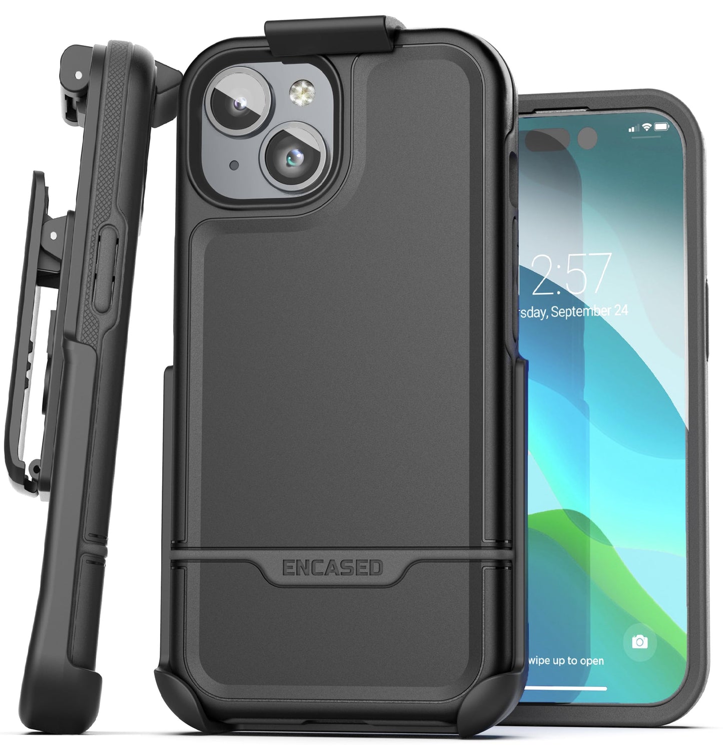 Protective Belt Case Designed For Iphone 15 With Holster Clip [Rebel Series] Shockproof Heavy Duty Cover With Phone Holder (Blac
