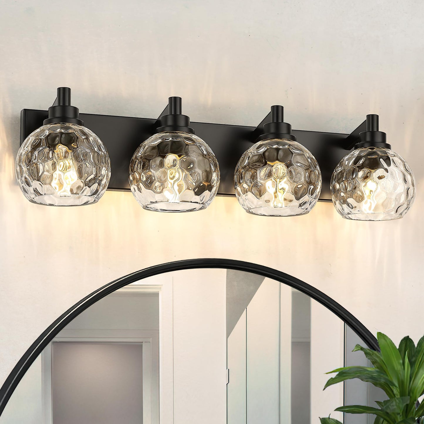 Metwet Bathroom Light Fixtures Over Mirror  26  Matte Black Vanity Light With Clear Hammered Glass Globe Shade  4-Light Modern Sconces Wall Lighting For Bedroom Hallway  Vl200-Mb-Cl-4