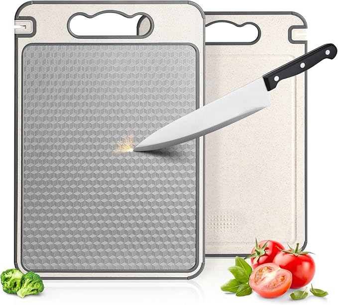3-in-1 Stainless Steel Cutting Board for Kitchen, Double Sided,Non Toxic Cutting Board,Scratch-Resistant Mesh Design with Juice Groove,Easy Clean,Wheat Straw PP Large Chopping Board (15''*10'')