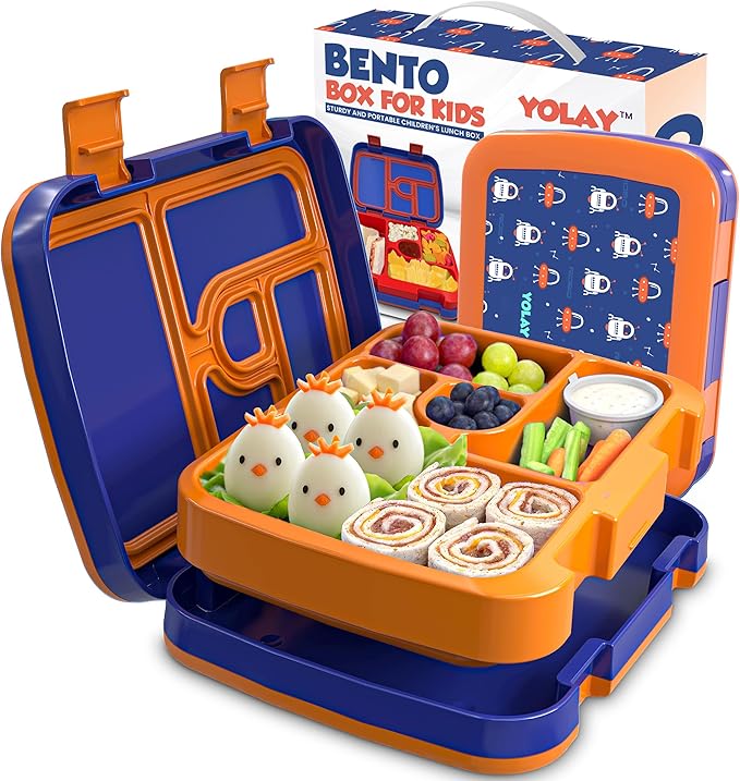 YOLAY Bento Box for Kids Lunch Box Leak-Proof, 5-Compartment Lunch Box Kids for Ages 3-10, Durable with Anti-Slip Base, Suitable for Schools, Outdoor and Travel (Mermaid) (Robo)