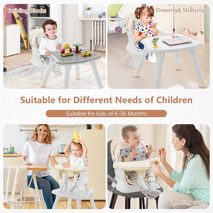 INFANS 8 in 1 Baby High Chair, Convertible Highchair for Babies and Toddlers, Infant Dining Booster Seat, Building Block Table, Kids Stool Table Chair Set with Removable Tray