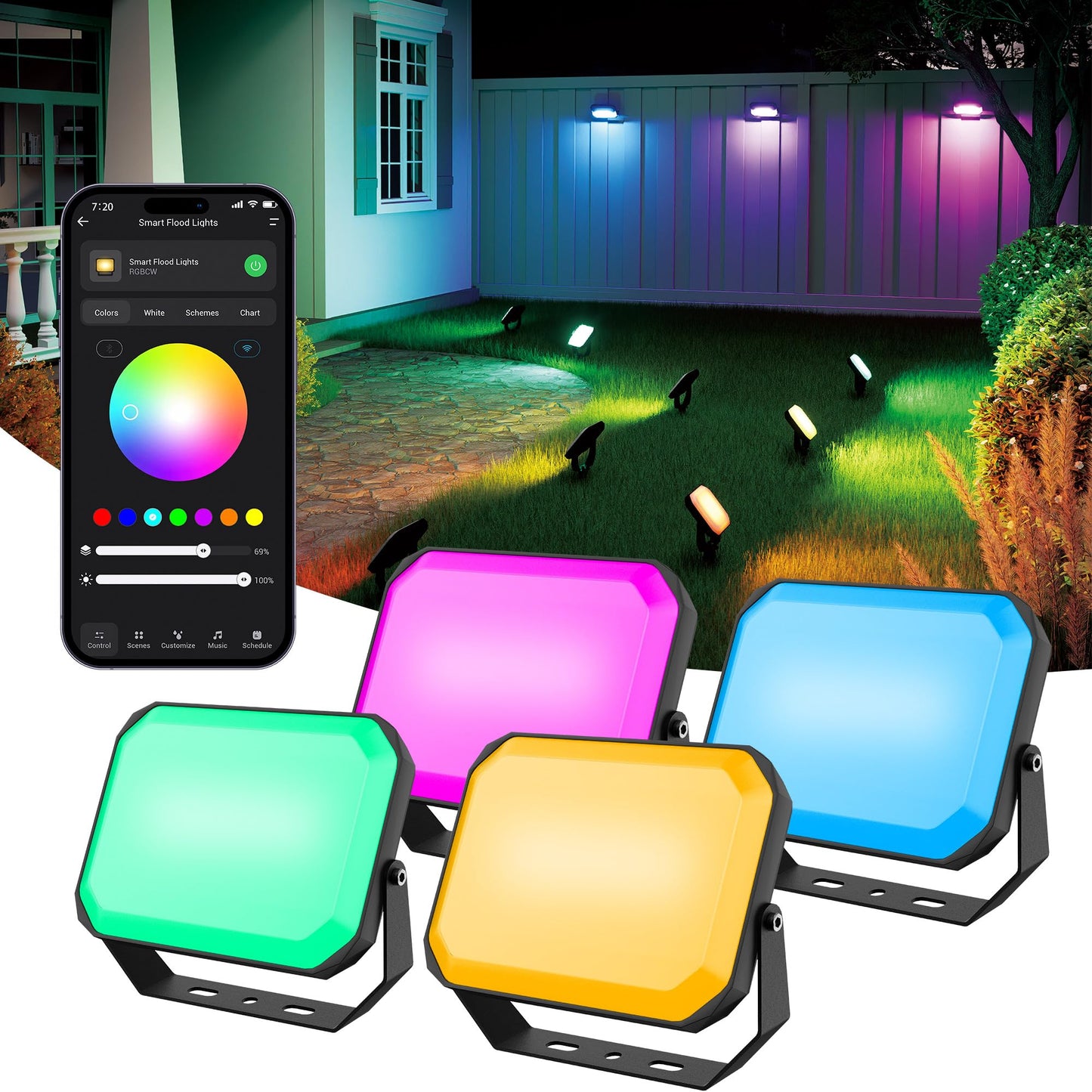 Brizlabs Outdoor Flood Lights  Smart Rgbcw Pathway Landscape Lighting App Control  Color Changing Led Floodlights Works With Alexa And Google Assistant For Halloween Christmas Garden Yard Lawn  4 Pack