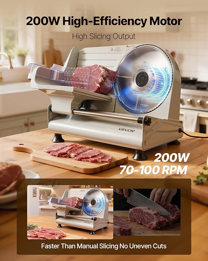 VEVOR Meat Slicer, 8.6 inch 200W Electric Deli Slicer Machine with two SUS420 Blade, 0-0.6 inch Adjustable Thickness, ETL Certified Home Food-Slicer for Meat, Ham, Baguett, Steak