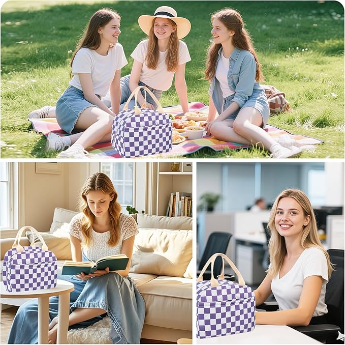 Cotton Quilted Insulated Lunch Bag, Cute Quilted Floral Lunch Tote Bags Reusable Insulated Lunch Box Coquette Aesthetic Large Capacity Insulated Cooler for Women Work Travel Picnic (Checkered Purple)