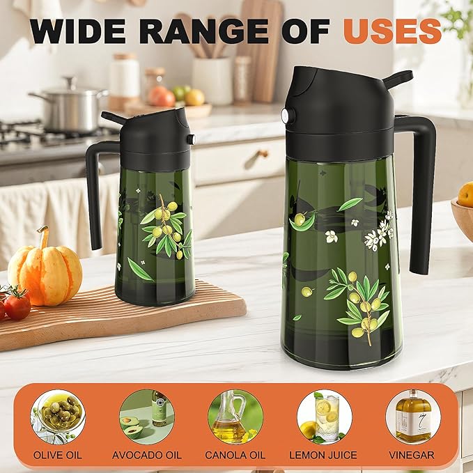 COOLMI Oil Sprayer for Cooking, 2 in 1 Olive Oil Dispenser Bottle Set for Kitchen, Food-Grade Glass Green Oil Vinegar Bottle Container - 16OZ/470ML Set of 2 (Black)