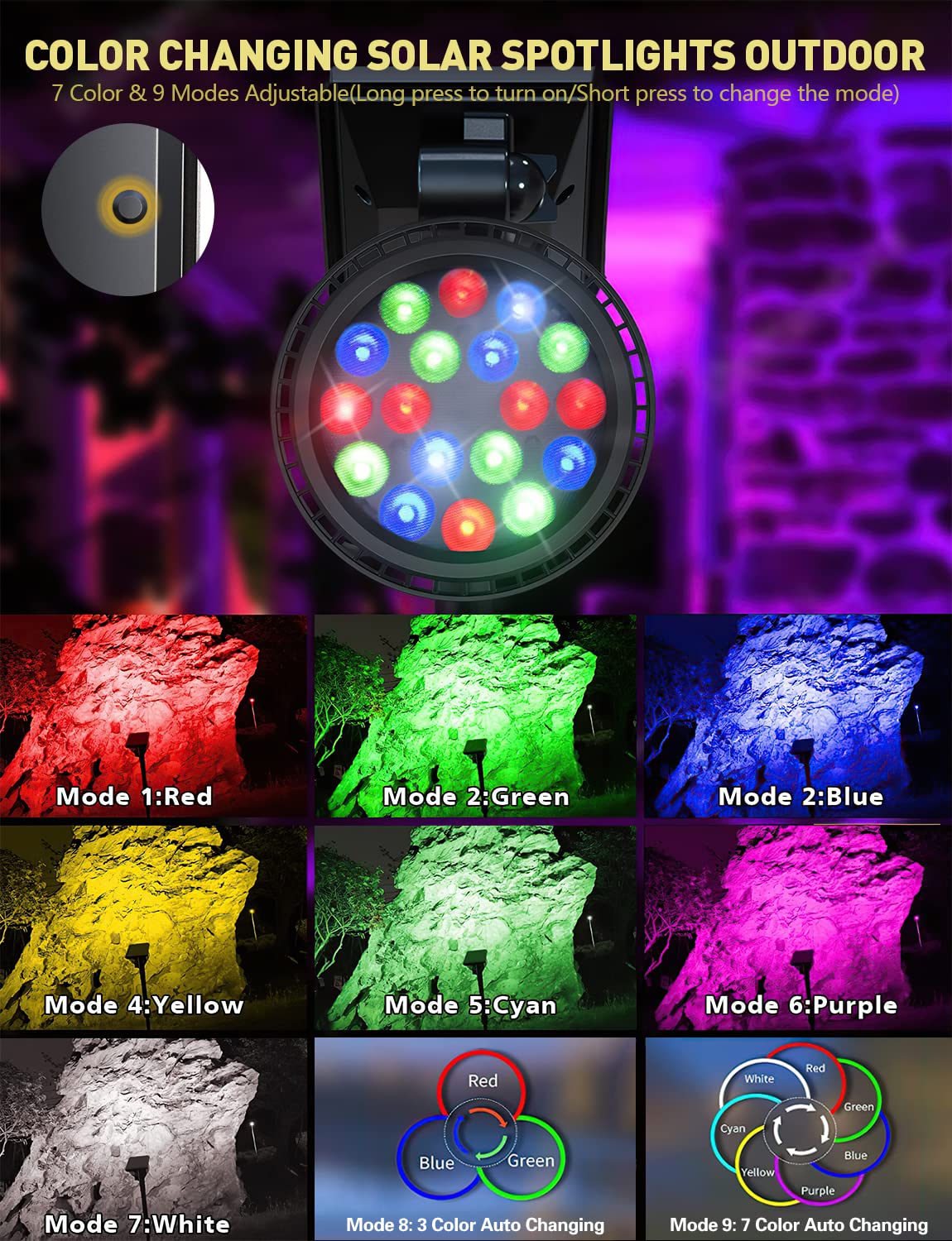 OSORD Solar Spot Lights Outdoor, 600LM, 18 LED, Waterproof, 9 Color Modes, 4 Pack, Multicolor