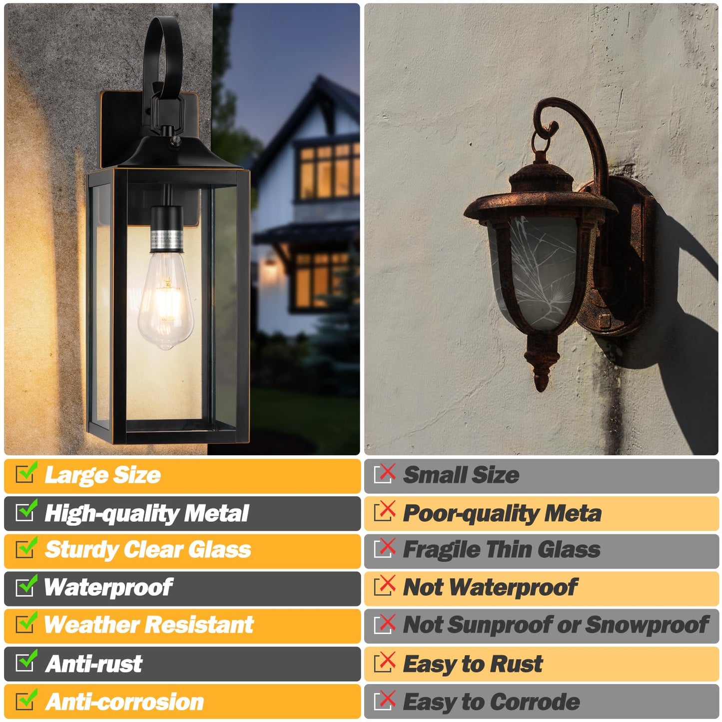 Yolsunes 19 Dusk To Dawn Outdoor Lighting 2 Pack  Large Outdoor Wall Lights Dusk To Dawn  Black Sensor Porch Lights Exterior Lighting Fixtures Wall Mount For House Garage -With Gold Trim