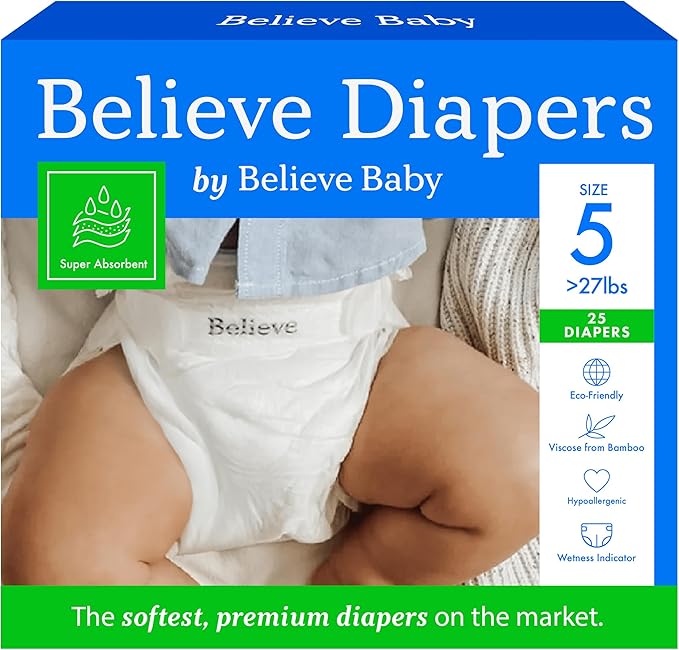 Believe Diapers Size 5 (>27 Lbs) Viscose Bamboo Diapers 25 Count – Natural Baby Diaper, Chemical Free and Fragrance Free Natural Diaper for Sensitive Skin, Super Absorbent with Leak Protection
