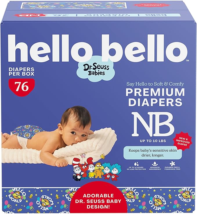 Hello Bello Dr. Seuss Babies Premium Diapers, Size NB, 76 Count: Softness & Protection for Sensitive Skin