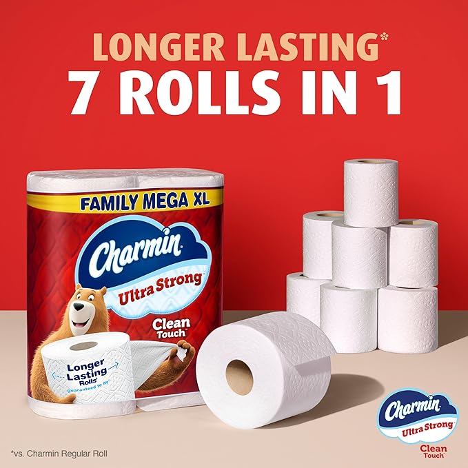 Bounty Quick-Size Paper Towels, White, 16 Family Rolls, Charmin Ultra Strong Clean Touch Toilet Paper, 18 Family Mega XL Rolls