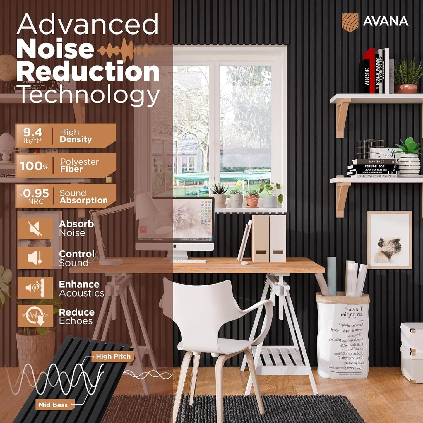 Avana Modern Acoustic Wood Wall Panels – 94.4 X 12.6 Inch Black Oak Acoustic Panels 1 PC – Wall Panels For Interior Wall Decor For Homes, Offices, Studios – Sturdy And Durable Wood Panels For Wall