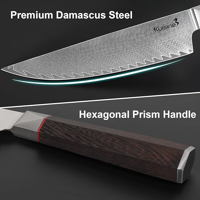 KUISINE Premium Damascus Chef Knife Non-slip Wooden Handle Razor sharp Blade Luxuy Gift for Holidays(Silver Pro, 8inch)