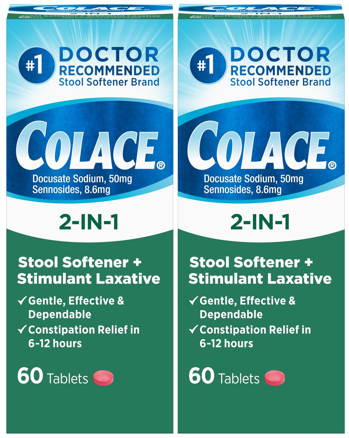Colace 2-in-1 Stool Softener Plus Stimulant Laxative for Gentle Effective Constipation Relief, Docusate Sodium Plus Sennosides, 60 Count (Pack of 2)