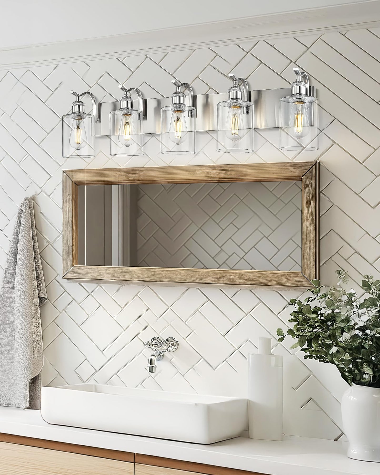 Jazava 5 Light Bathroom Vanity Light  Brushed Nickel Vanity Lights For Morden Bathroom Lighting Fixtures Over Mirror Wall Light Fixtures With Clear Glass Shade Zcvl01Bn-5