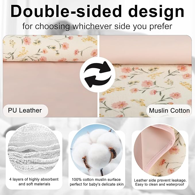 Baby Diaper Changing Pad, 19.7"x25.6" Waterproof Changing Pad Liners with 100% Muslin Cotton Front Top and Leather Back, Soft and Absorbent Portable Changing Mat for Travel, Changing Station