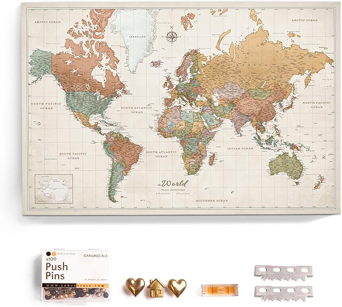 Canvas World Map with Cork Pin Board - English Lettering - Decorative Wall Decoration for All Rooms - Canvas Pictures with World Map Motif (120x80 cm, Pattern 22)