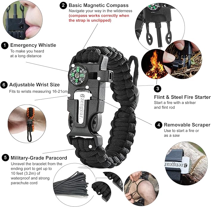 aZengear Paracord Survival Bracelet (2 Pack) | Flint Steel Fire Starter, Whistle, Compass, Mini Saw | Adjustable Wrist Band Size for Camping, Bushcraft, Emergency Kit (Black & Orange)