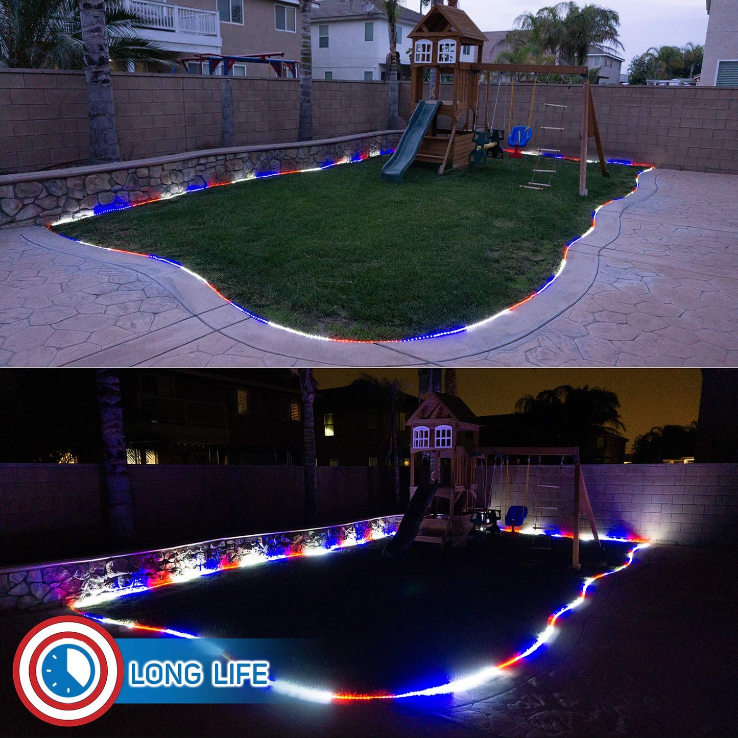 Russell Decor LED Rope Lights Kit, 30ft, Red White Blue, Indoor Outdoor Decorative Lighting, Model RDLEDRWBROPE30C