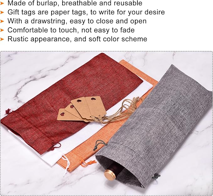 uxcell Burlap Wine Bags with Drawstrings, 12Pcs Wine Gift Bags Reusable Wine Bottle Bags with Ropes and Tags for Wedding, Birthday, Travel (14 x 6.3 In, Blue)