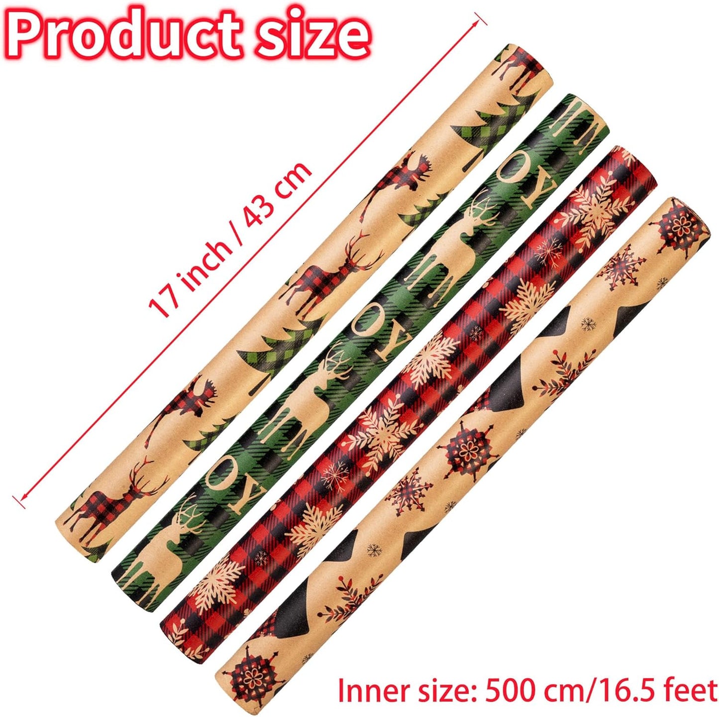 Christmas Wrapping Paper (4 Rolls: 93 sq. ft. ttl) - Red/Green and Black Plaid Grid Patterns, Stockings Snowflakes Pine Tree and Reindeer - Holiday Kraft Gift Paper 17 inches x 16.5 feet Per Roll