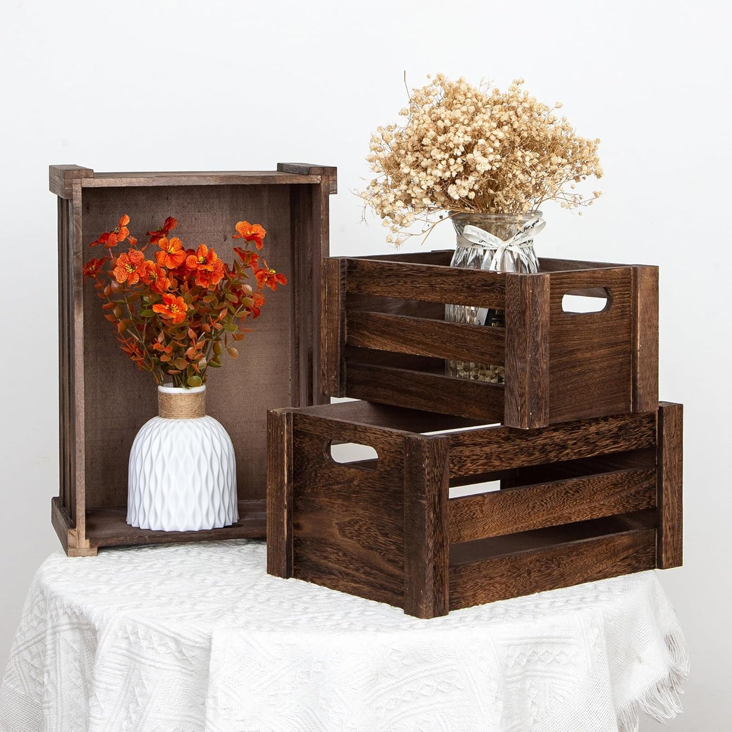 Large Vintage Black Wooden Crates For DispalyWood Crates With Handles,Rustic Handmade Wood Boxes For Storage Or Display,Solid Wood Decorative Boxes
