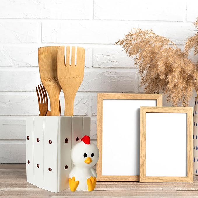 Chicken Utensil Holder | Kitchen Crock Storage | Chicken Stuff Print Accessories Decoration | Cute Chicken Gifts for Women | Gallina Pollo Animal Rooster Decor | Countertop Chick Stuff Vase
