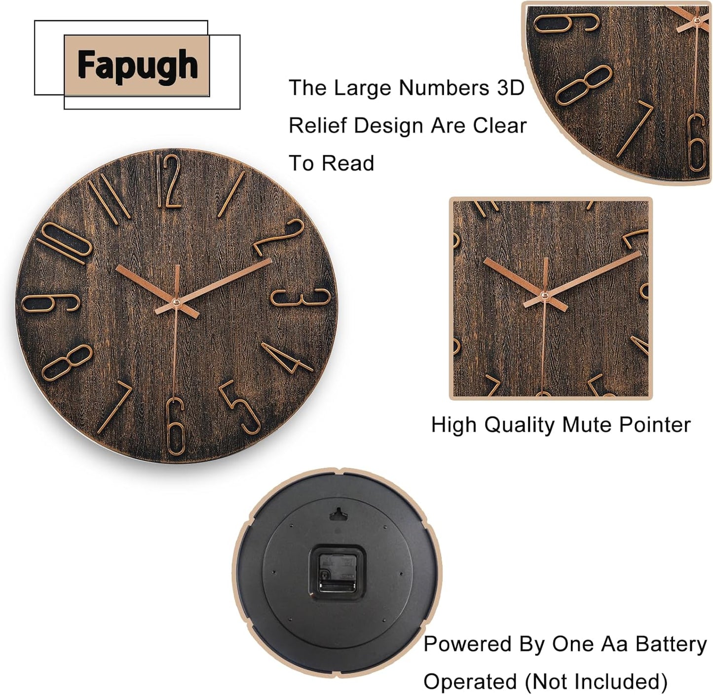 Wall Clock, Silent Clock, Wall Clocks Battery Operated， 12 inch Modern Wall Clock, Suitable for Offices, Living Rooms, Kitchens, Homes, Schools (Brown)