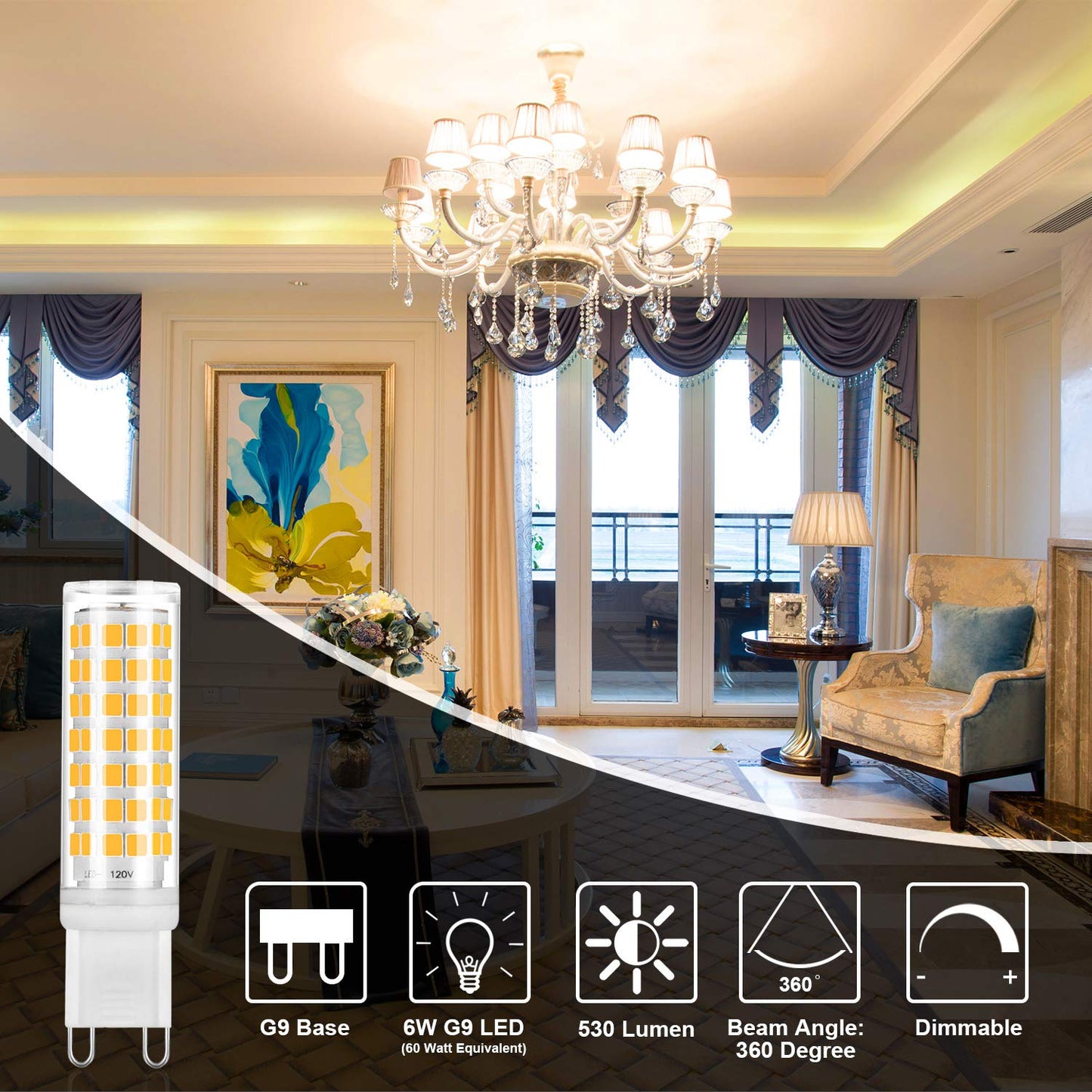 YUIIP G9 LED Bulb Dimmable 6W Warm White 3000K Ceramic Bi-pin Base, 530LM, 6 Pack