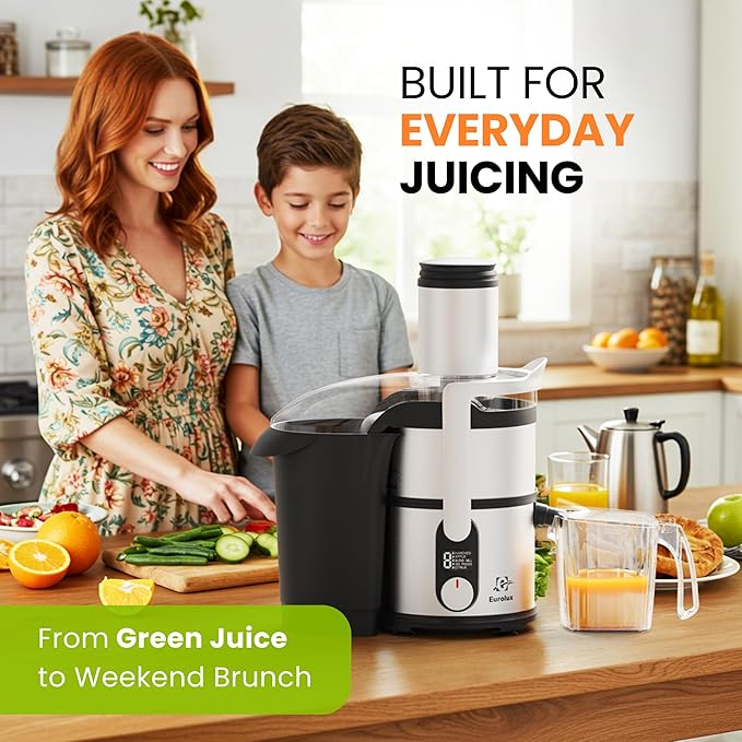 Eurolux Centrifugal Juicer Machine, Easy to Clean Juice Extractor with 3" Feed Chute for Less Cutting, Stainless Steel & BPA-Free