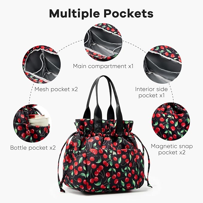 Yarnic Lunch Bag Women Insulated Lunch Bags,Cute Reusable Lunch Box Stain-Resistant Lunchbox with Water Bottle Holder for Adult (Black Cherry)