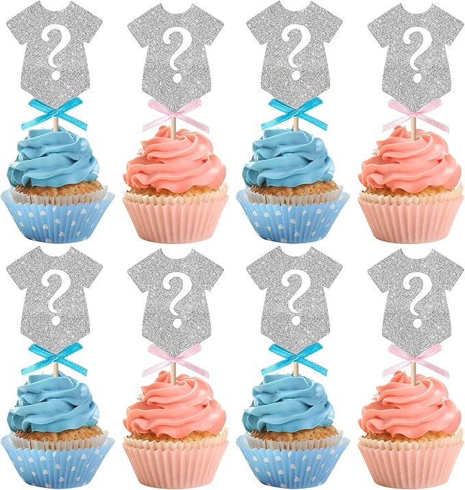 Rsstarxi 24 Pack Gender Reveal Cupcake Toppers Pink or Blue Bow Tie Boy or Gir Cupcake Picks Decorations for Baby Shower Gender Reveal Party Cake Decorations Silver