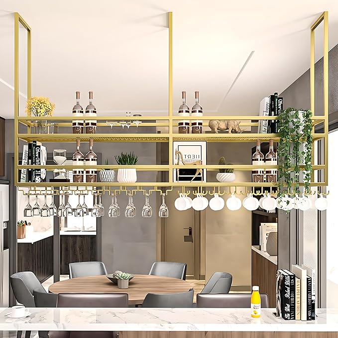 Ceiling Wine Glass Rack, Hanging Wine Display Shelf 2-Tier, Bar Liquor Storage Shelf for Bar Cafe Kitche, Metal Wine Bottle, Goblet Stemware Rack (Gold, 62.99x39.37x11.81in)