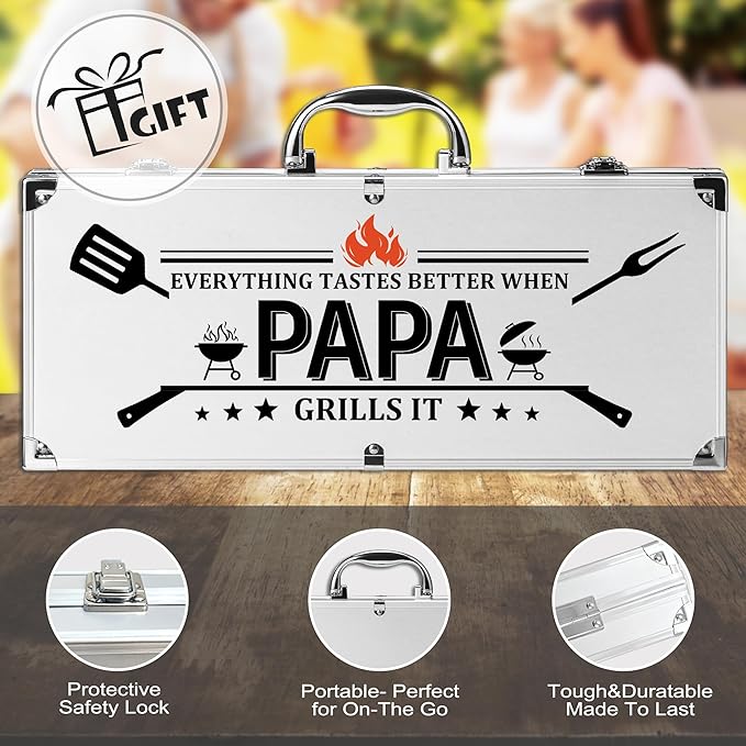 Papa Gifts, Papa Gifts from Grandkids Heavy Duty Grilling Accessories Kit for Backyard BBQ, Thick Stainless Steel Grill Utensils with Non-Slip Handle Tool on Christmas Birthday