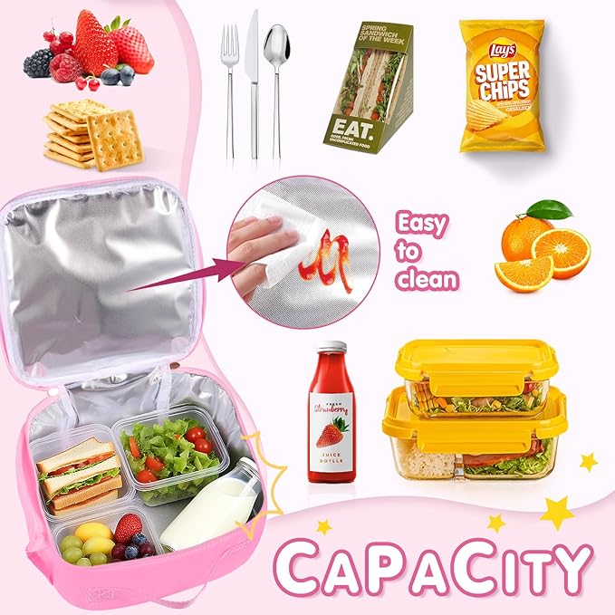Lunch Bag Kids,Insulated Lunch Bag With Adjustable Shoulder Strap,Reusable Lunch Bag for Kids, Girls,Boys, lunch Bag Women,Preppy Lunch Box for School,Travel, Picnic (pink)