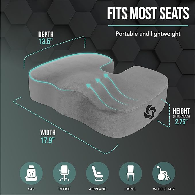 SAMSONITE, Orthopedic Seat Cushion for Office Chair or Car Seat [HIGH GRADE - MEMORY FOAM], Versatile Supportive Pillow with Soft Plush Cover [2.75" THICKNESS], Gray…
