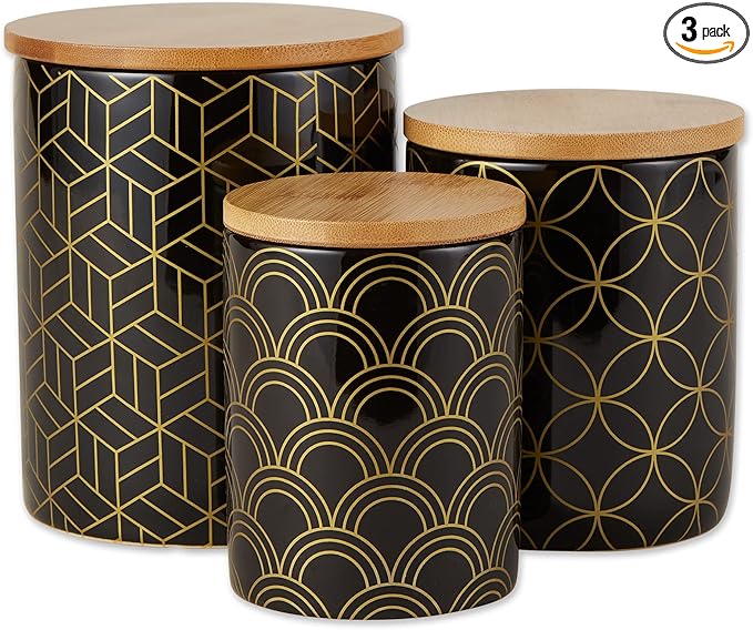 DII Kitchen Ceramics Collection, Canister Set, Mixed Print, Black/Gold, 3 Piece