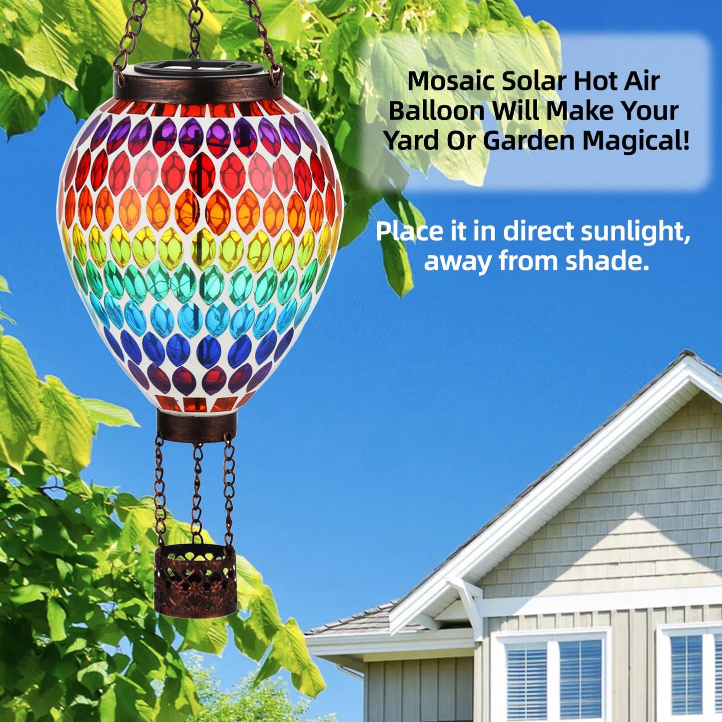 Voreen Hot Air Balloon Solar Lantern  Handmade Mosaic Solar Outdoor Hanging Wind Light  Waterproof  Patio Festive Decor  Gift For Mom Wife Friend  Rainbow Pattern